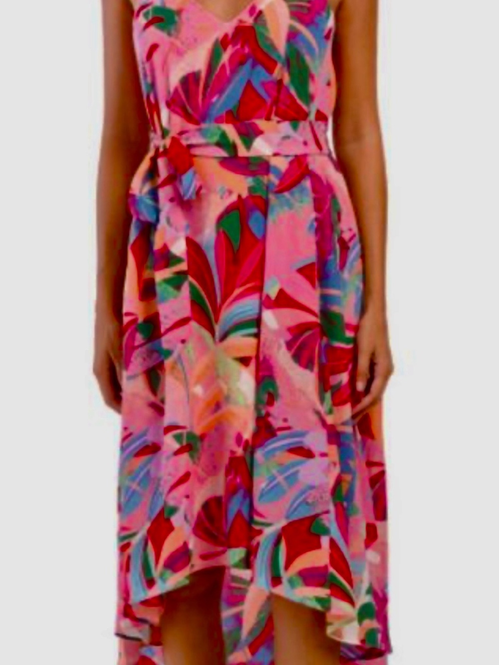 Laundry by Shelli Segal Tropical Pink High-Sleeveless MIDI Dress with Self-Tie